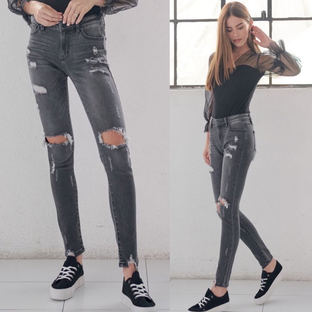 Charcoal Kancan Mid Rise Distressed Denim Jeans